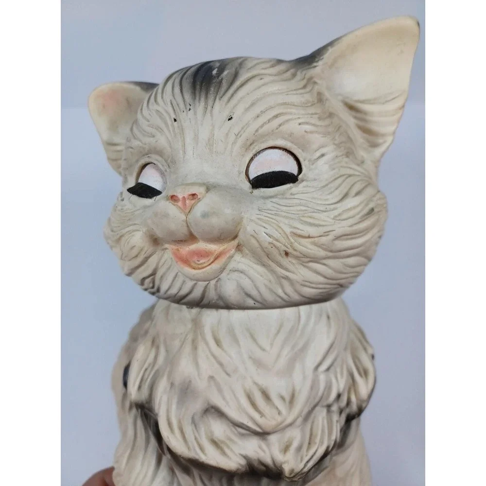 Vtg 1960 Edward Mobley Cat Rubber Toy Gray Long Haired Eyes Open Close Poseable